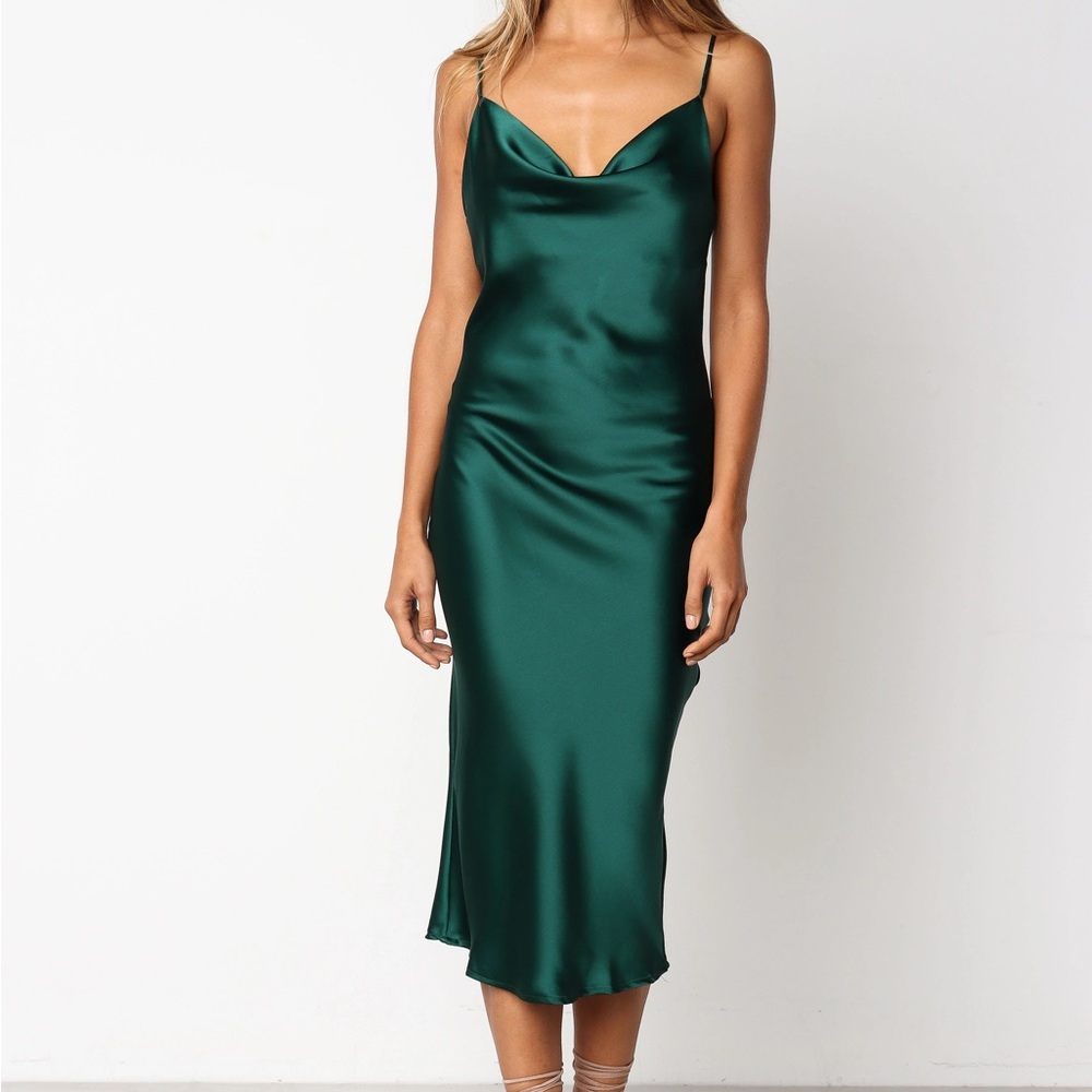Petal & Pup Persia Green Satin Midi Dress
